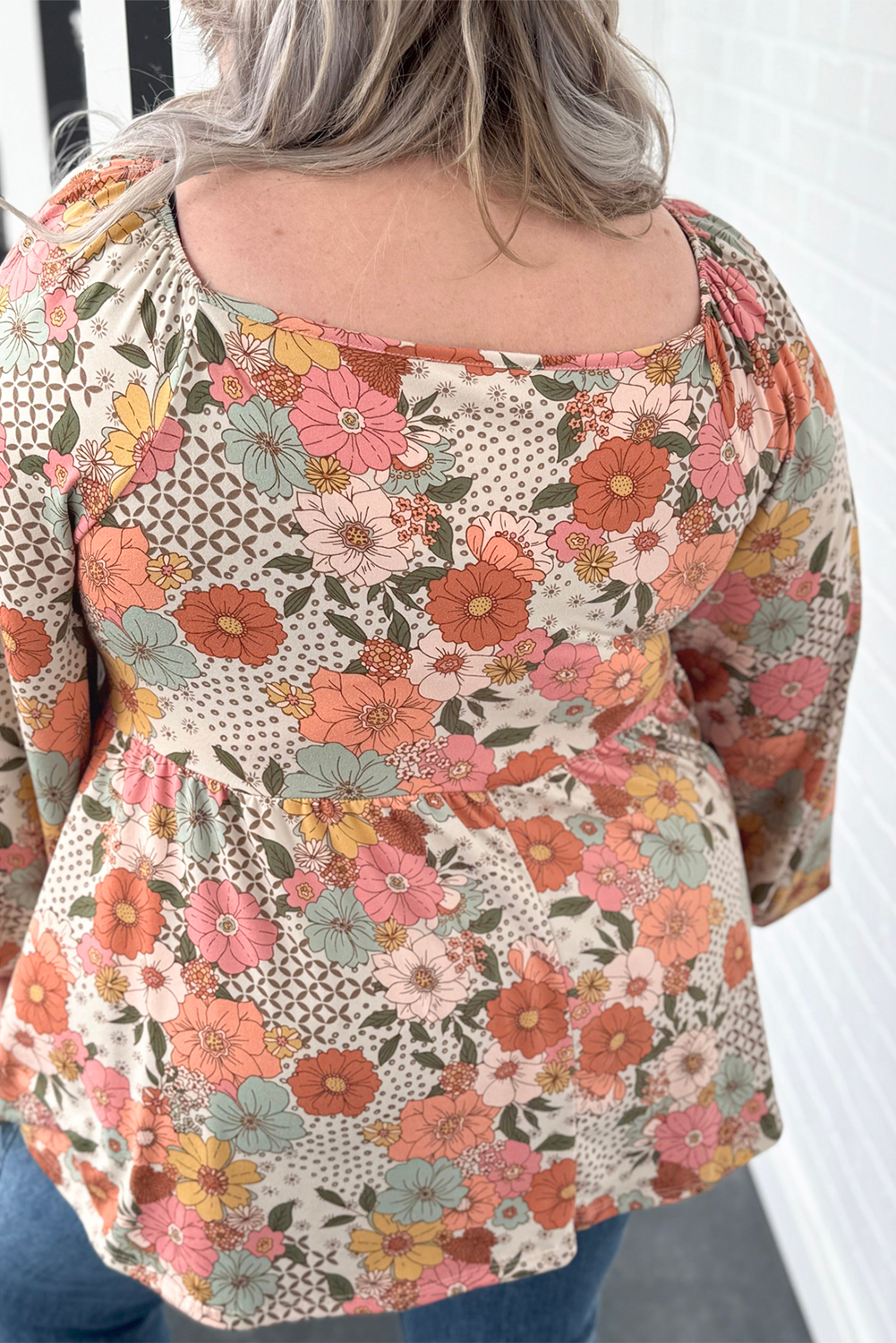 Plus Size Flower Square Neck Blouse