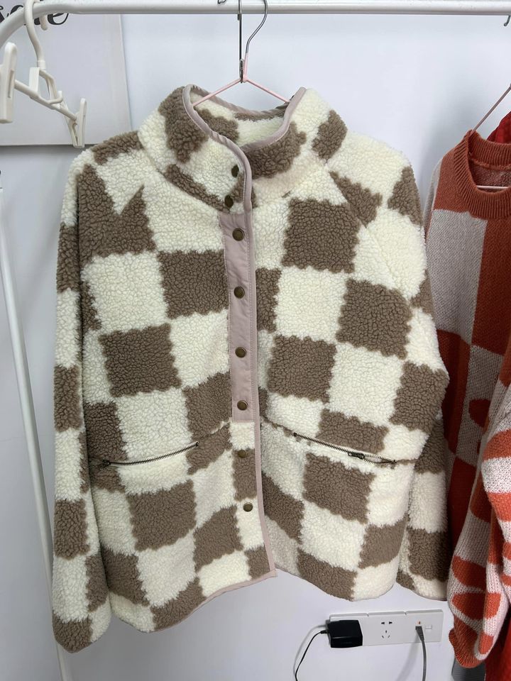 Checked Snap Button Sherpa Jacket