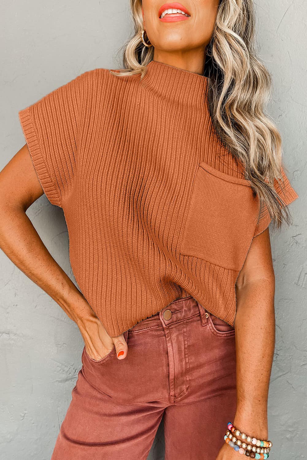 Pocket Ribbed Knit Sweater