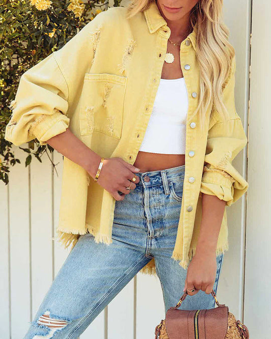 Solid Color Ripped Denim Jacket