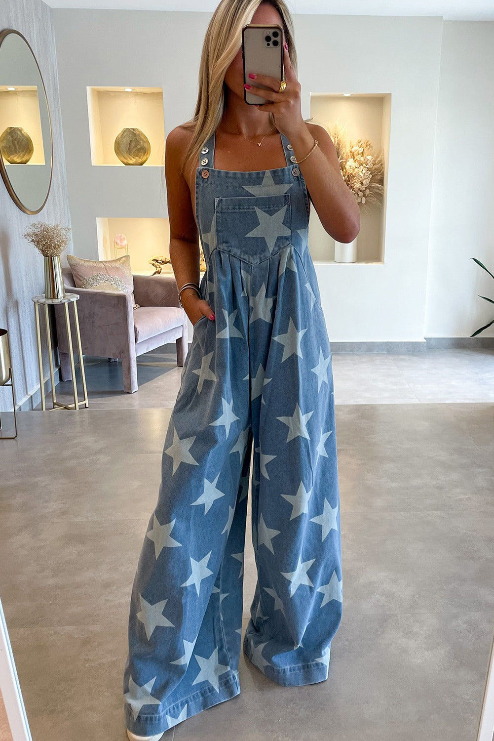 Star Buttoned Strap Pleat Wide Leg Denim Overall