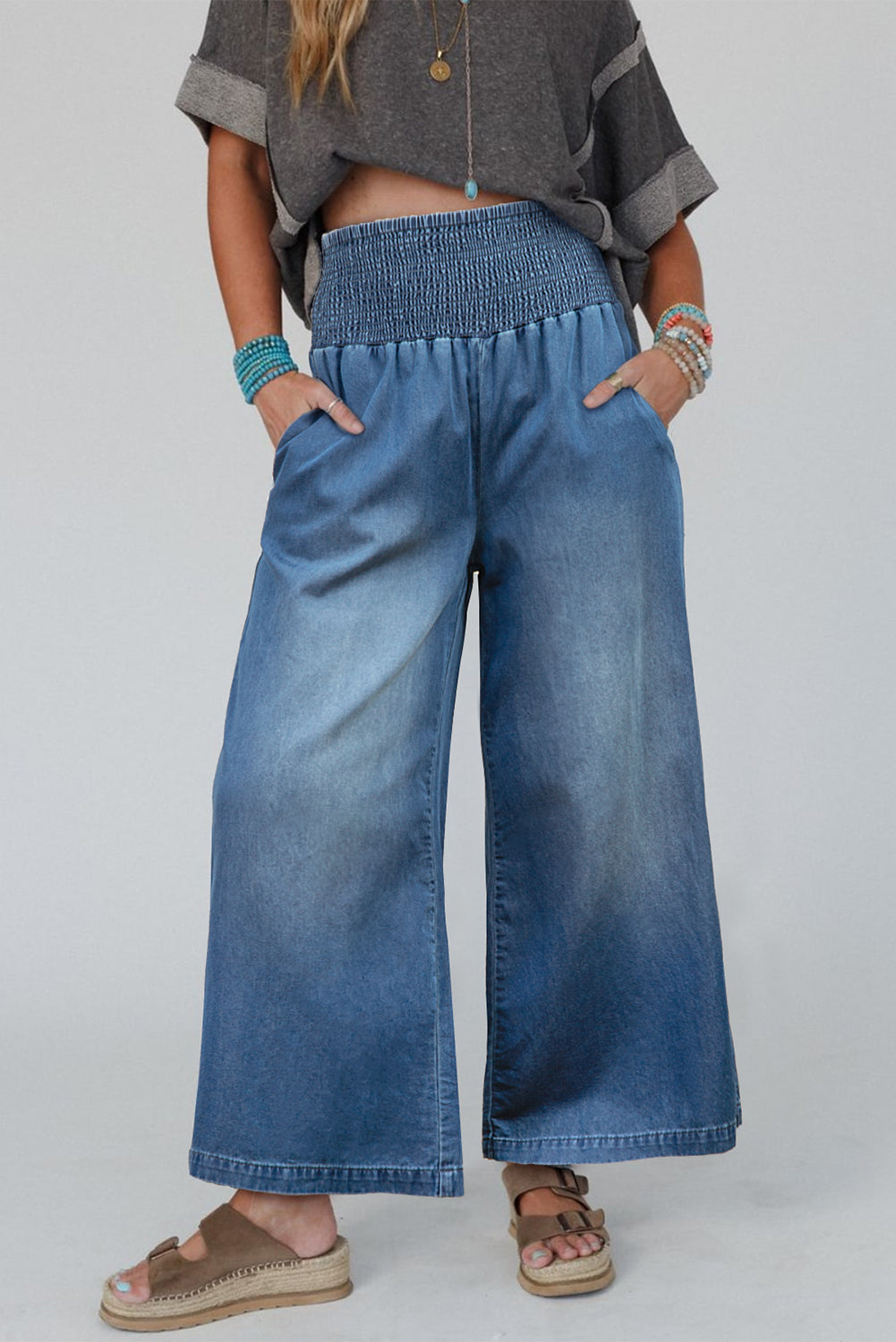 Smocked Waist Wide Leg Jeans