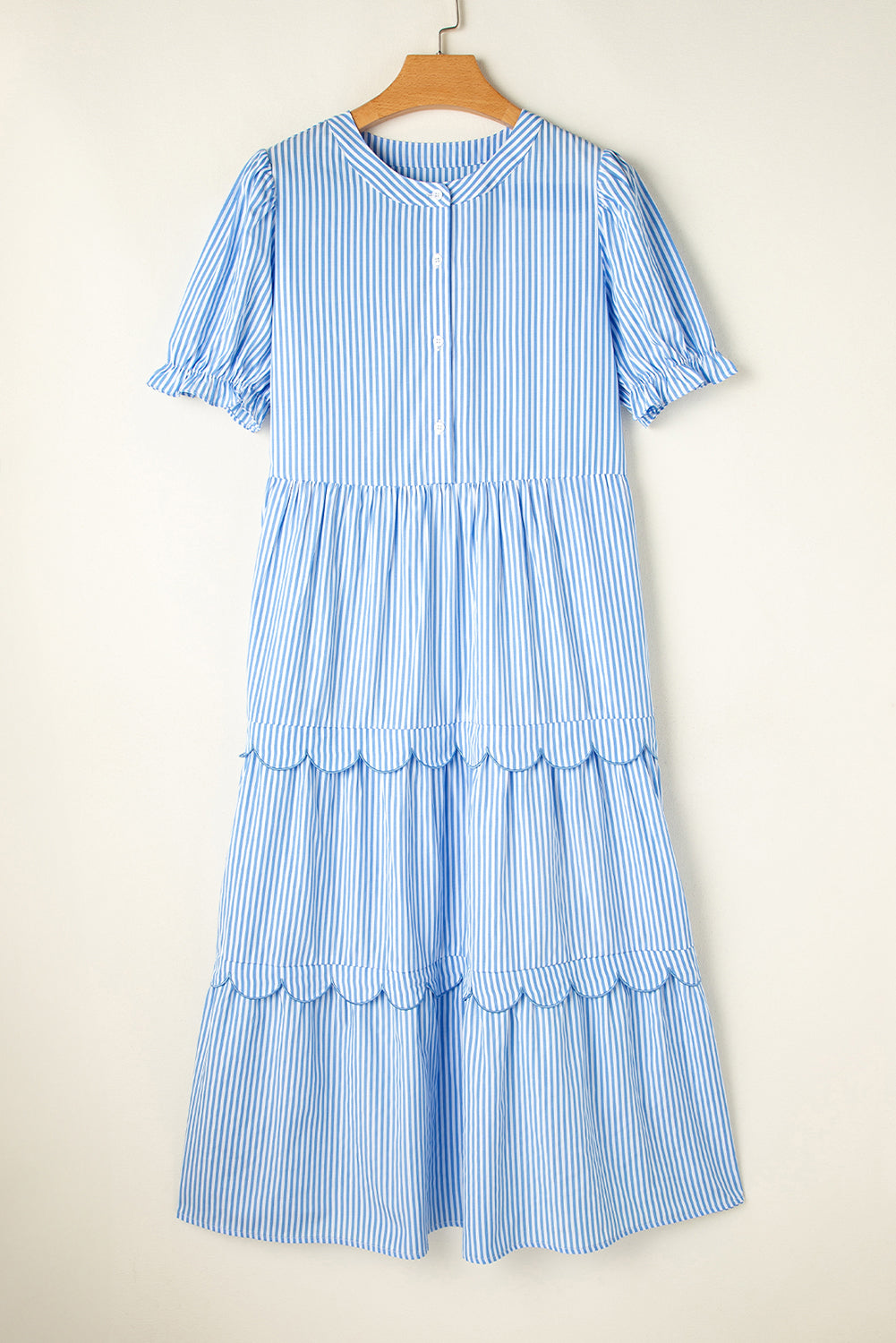 Stripe Bubble Sleeve Scallop Tiered Dress