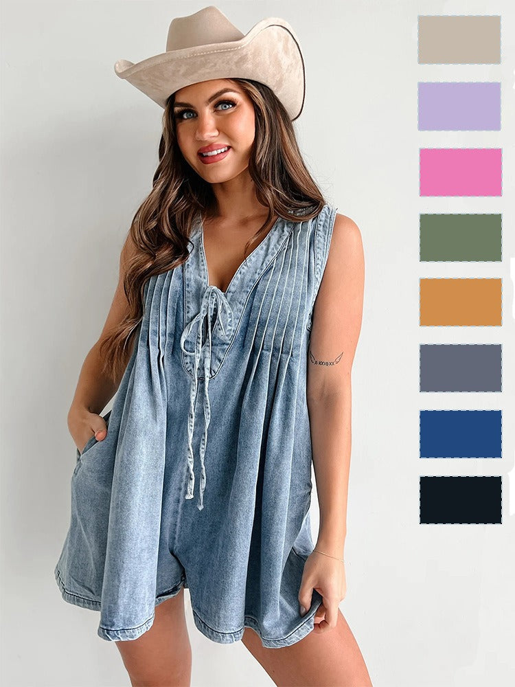 Washed Denim Pleated Romper