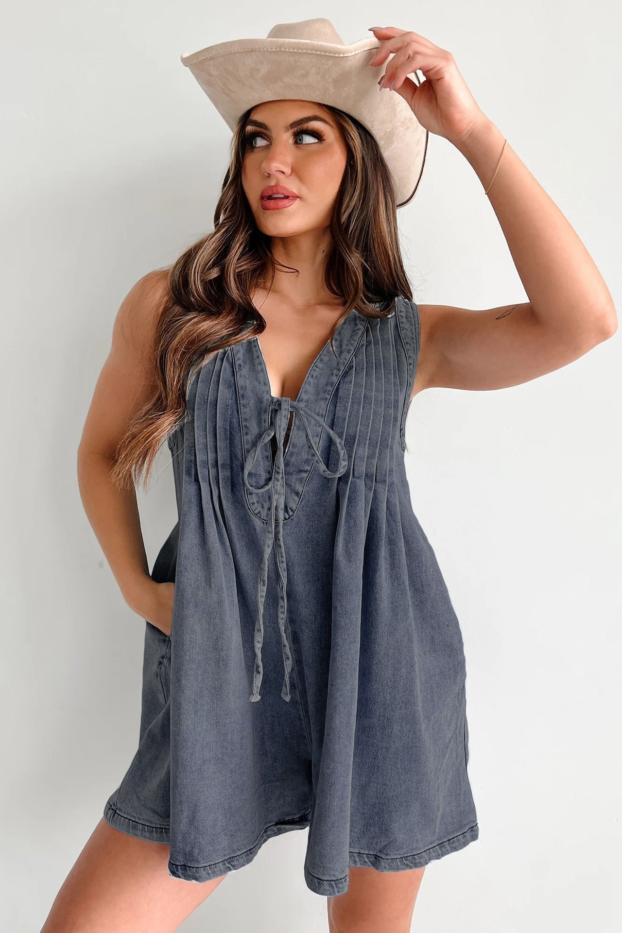 Washed Denim Pleated Romper