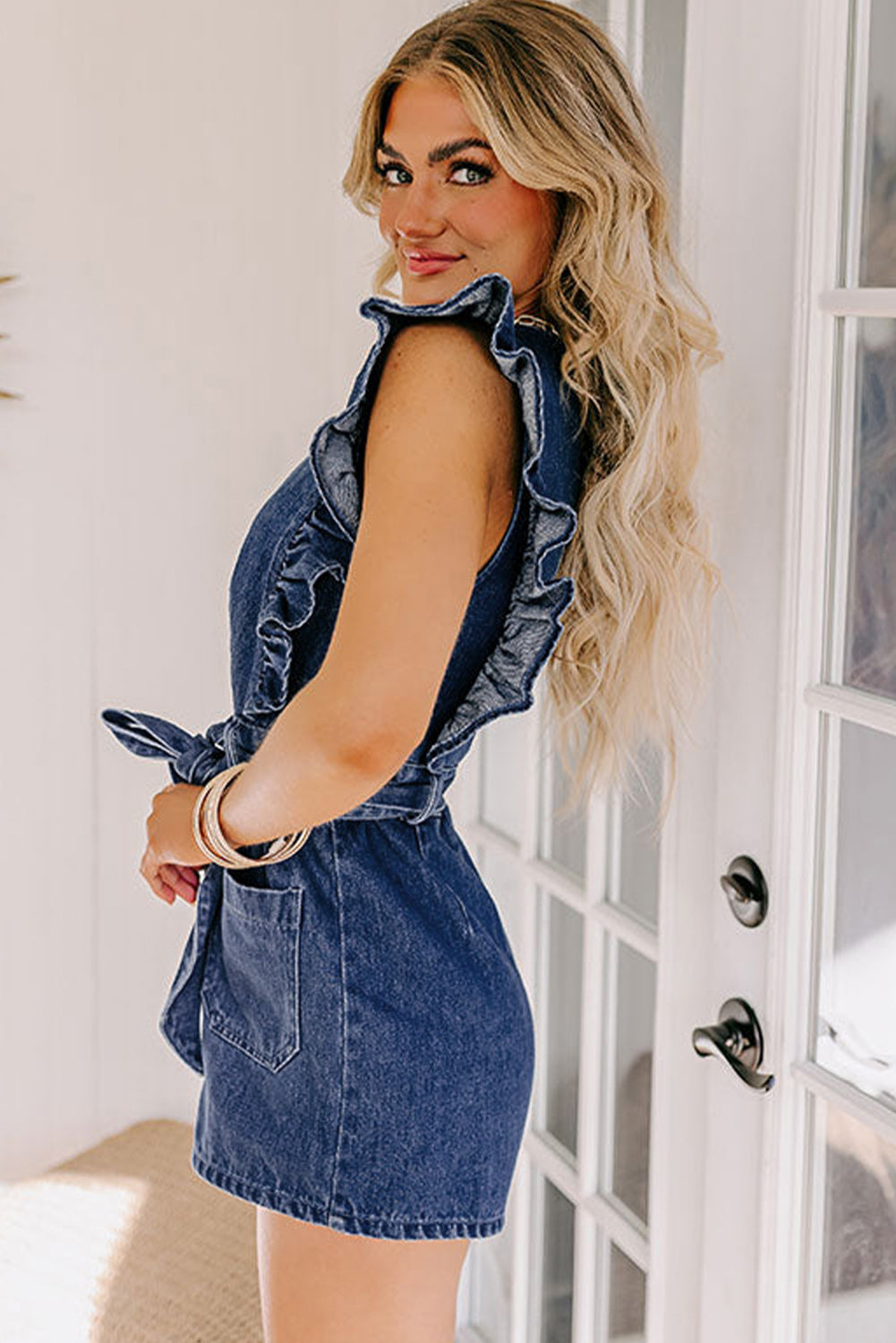 Denim Ruffled Zipped Romper
