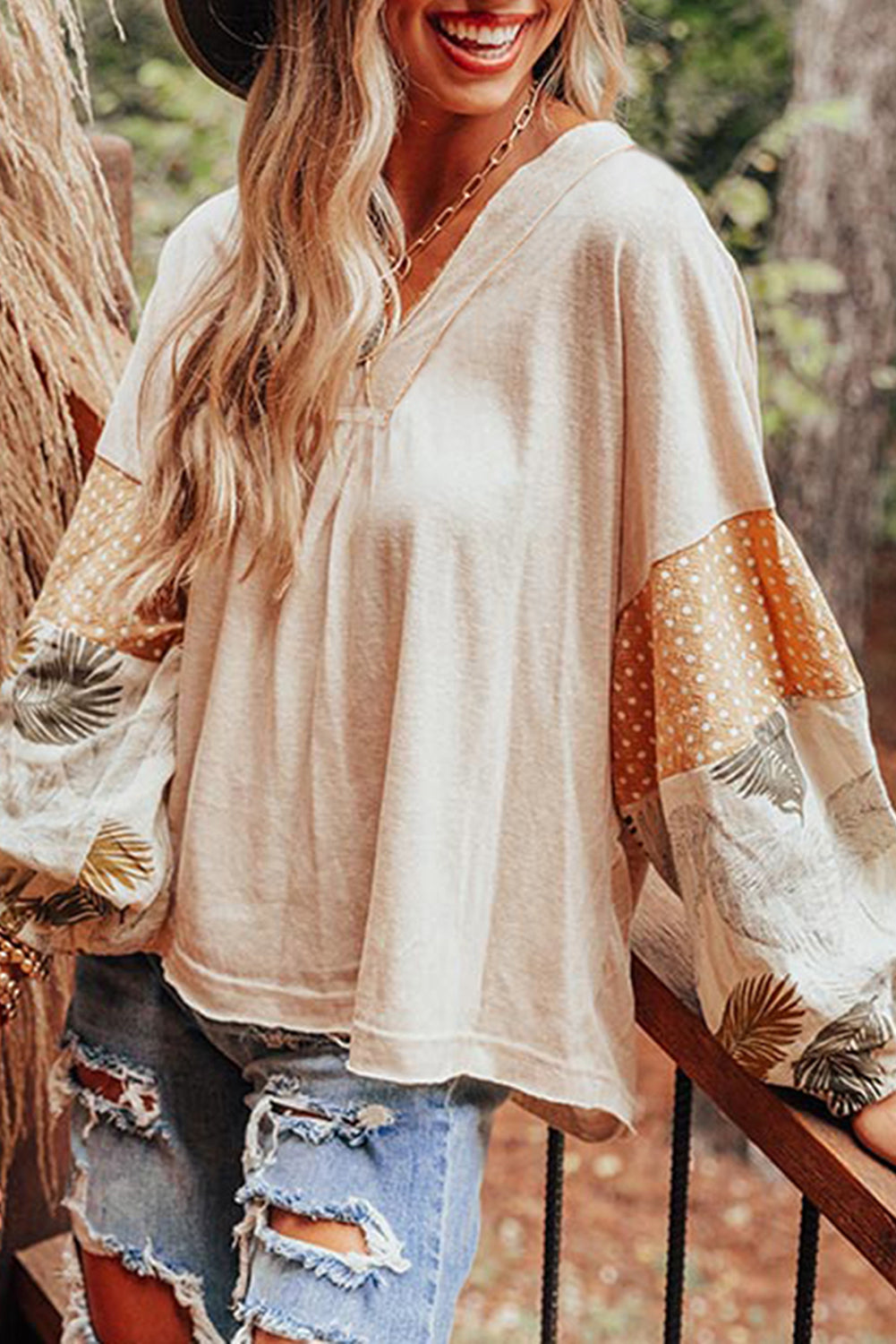 Patchwork Puff Sleeve V Neck Blouse