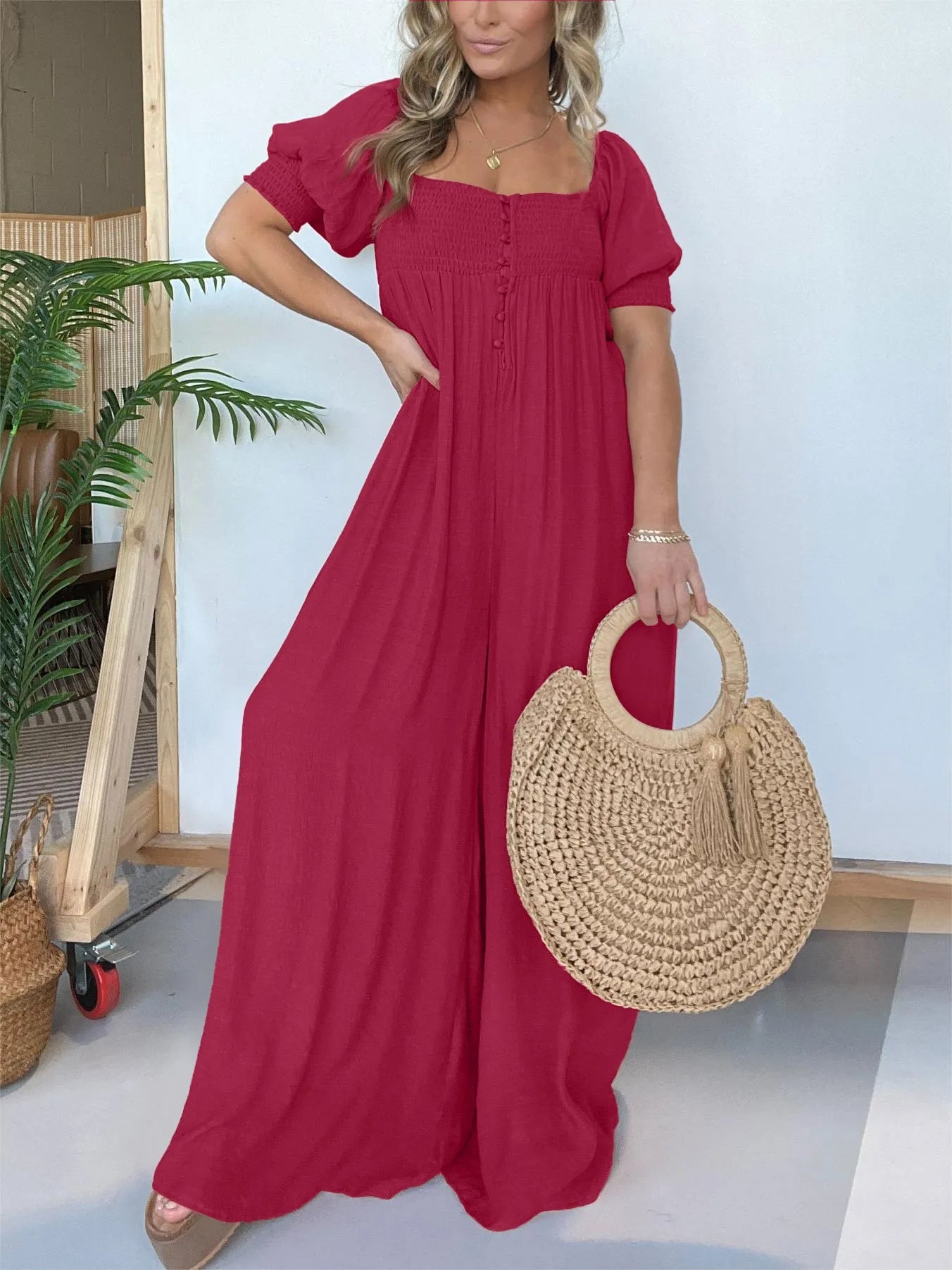 Solid color square neck puff sleeve jumpsuit