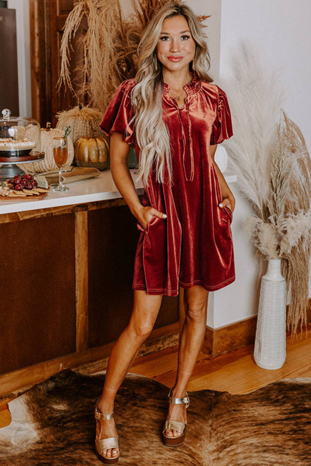 Velvet Puff Sleeve Mini Dress