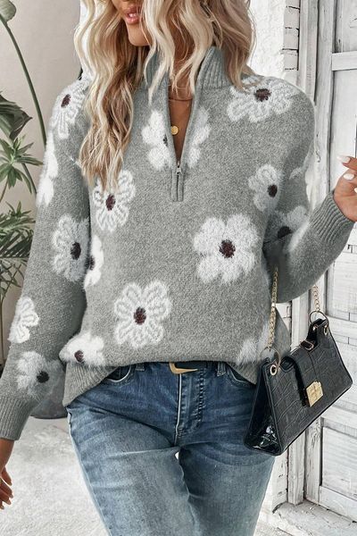 Floral Pattern Half Zip Collar Sweater