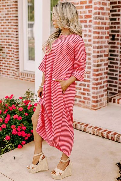 Pink Striped Drop Sleeve Loose Dress