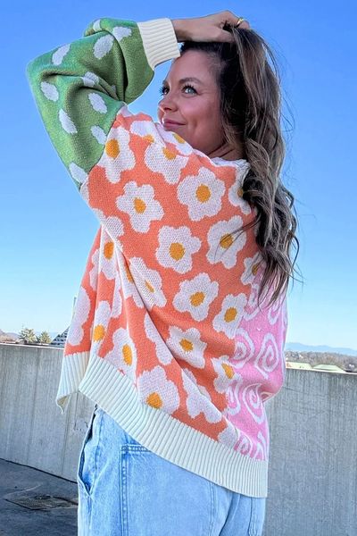 Flower & Dotted Print Colorblock Cardigan