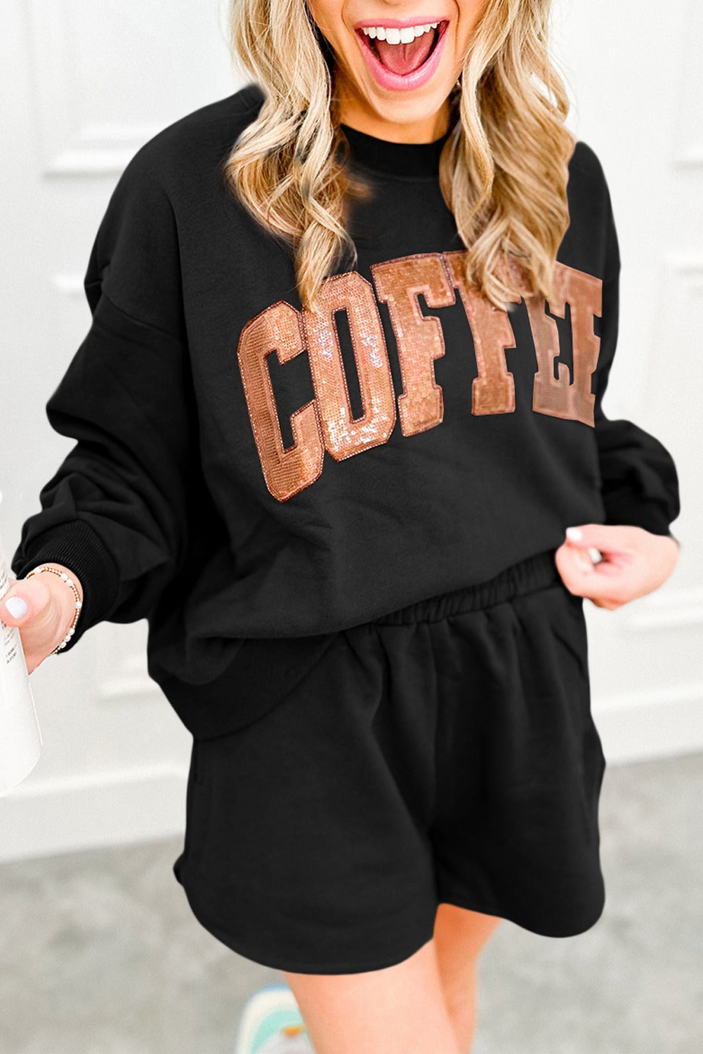 Sequined COFFEE Sweatshirt and Shorts Set