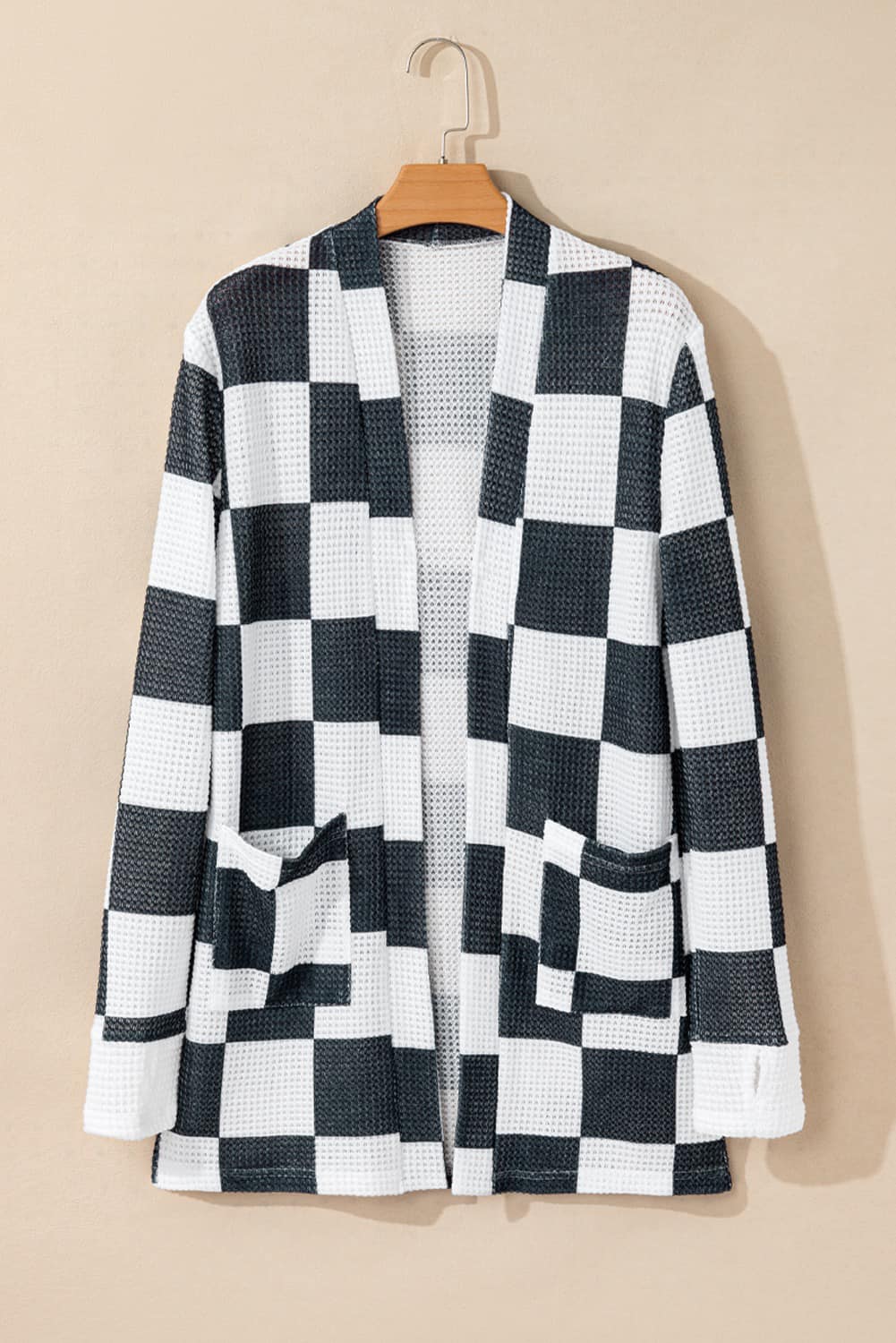 Checkered Waffle Open Front Cardigan