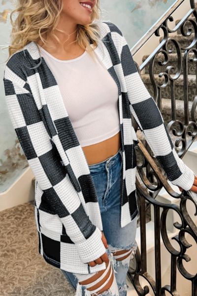 Checkered Waffle Open Front Cardigan