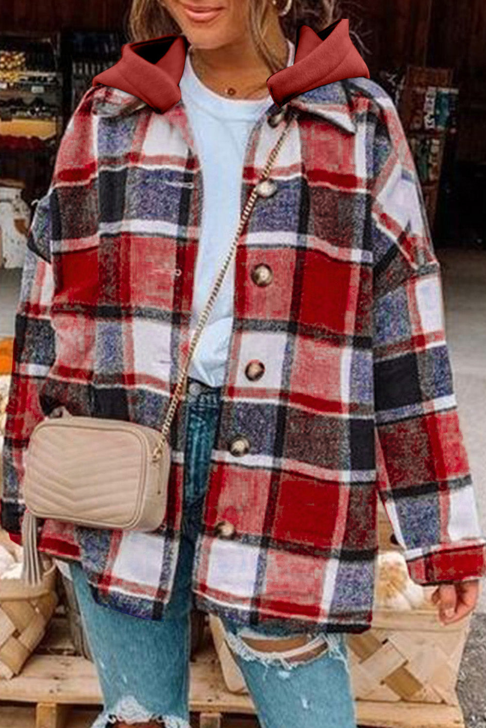 Hooded Plaid Button Front Shacket