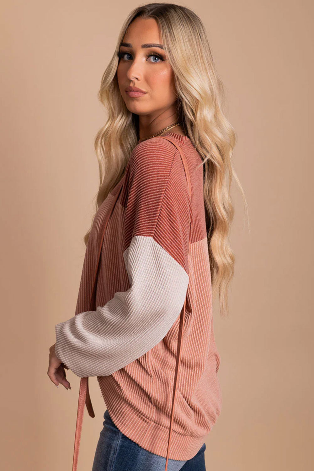 Color Block Long Sleeve Cording Top