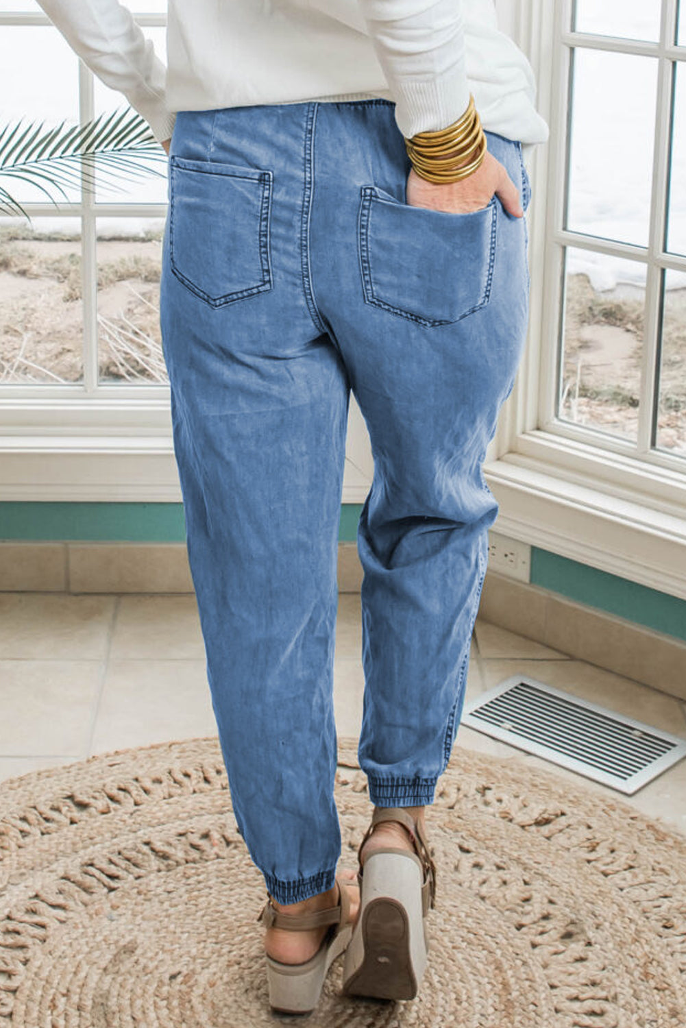 Plus Size Drawstring Waist Pocketed Denim Joggers