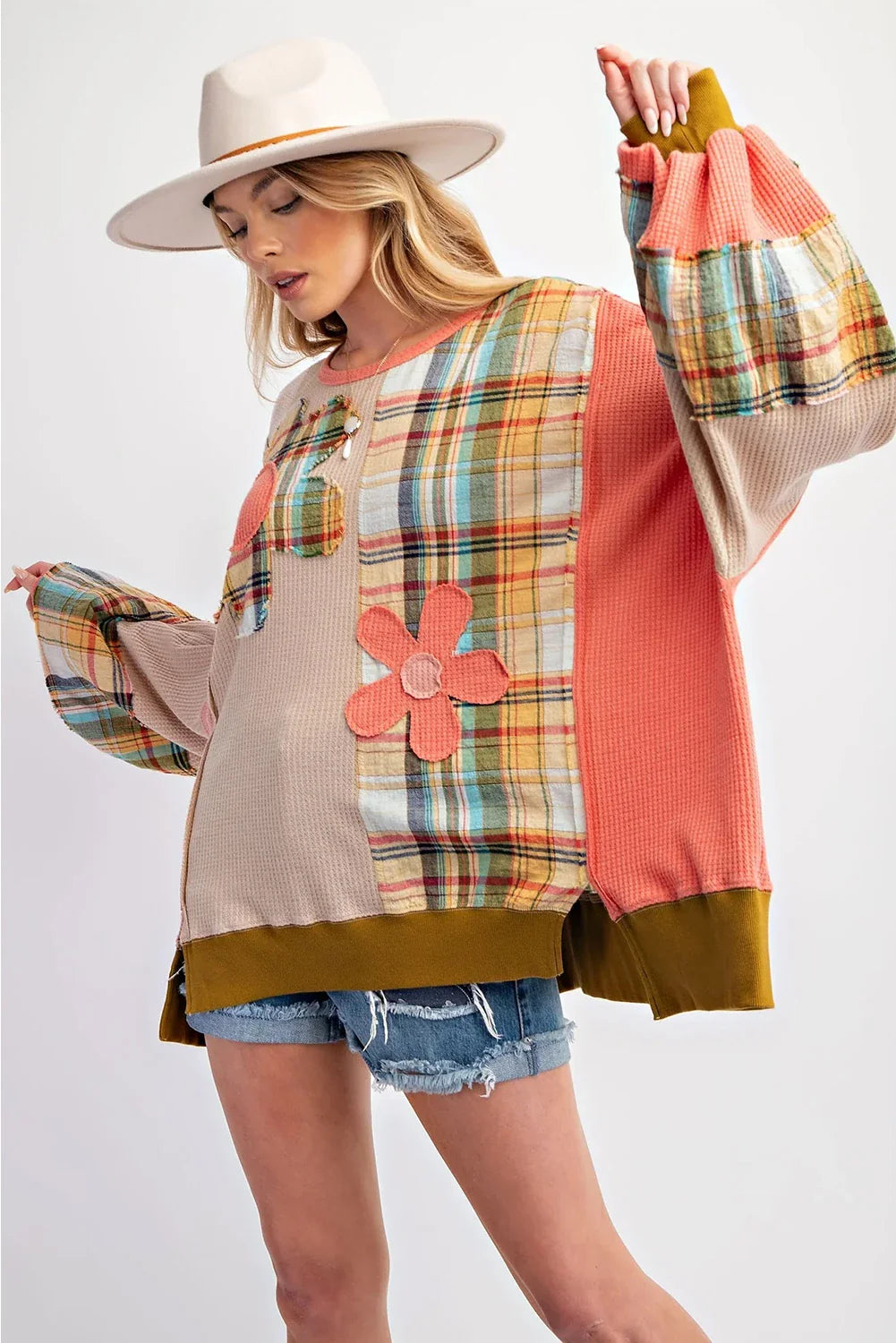 Flower Patchwork Waffle Loose Top