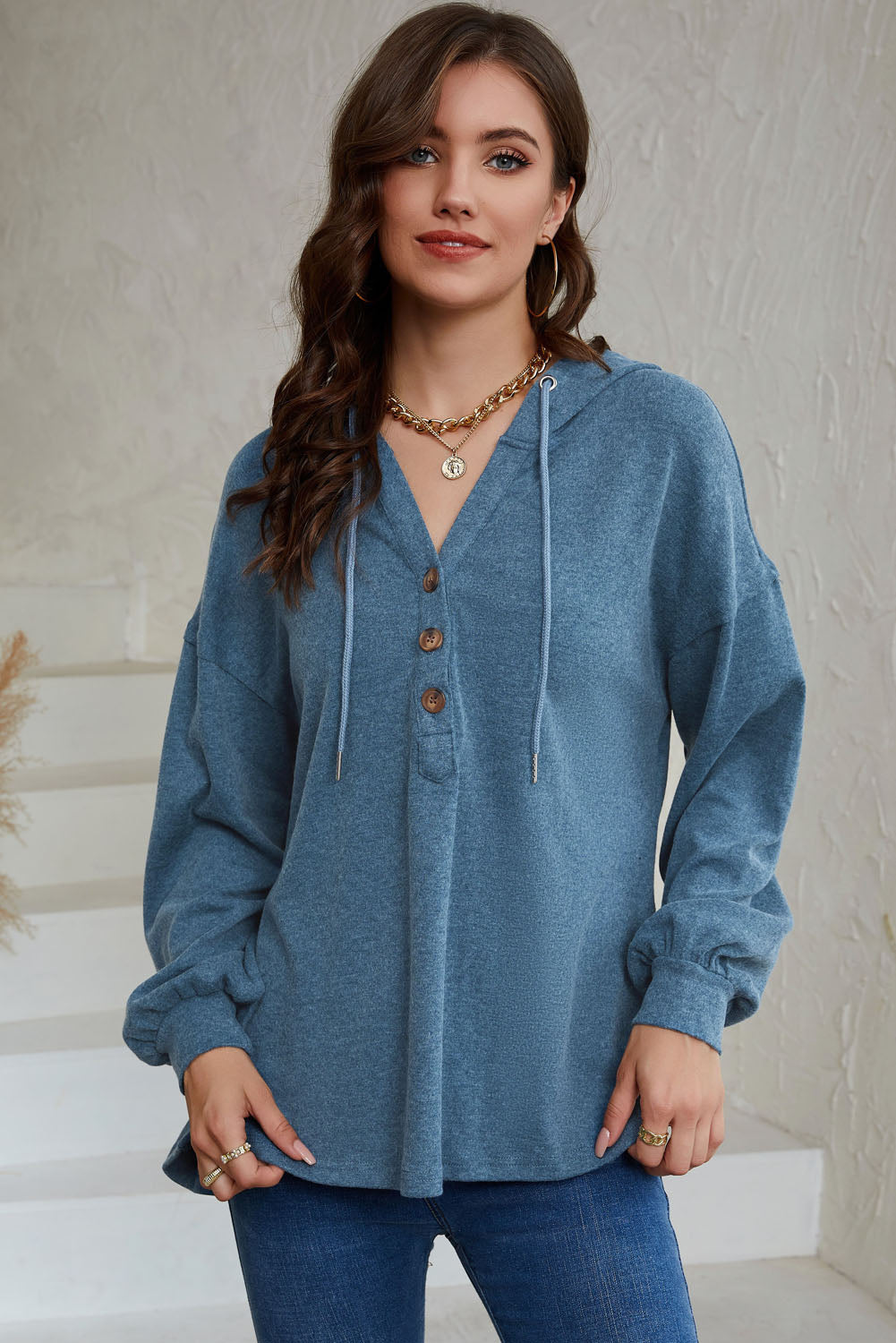 Buttoned High and Low Hem Hoodie