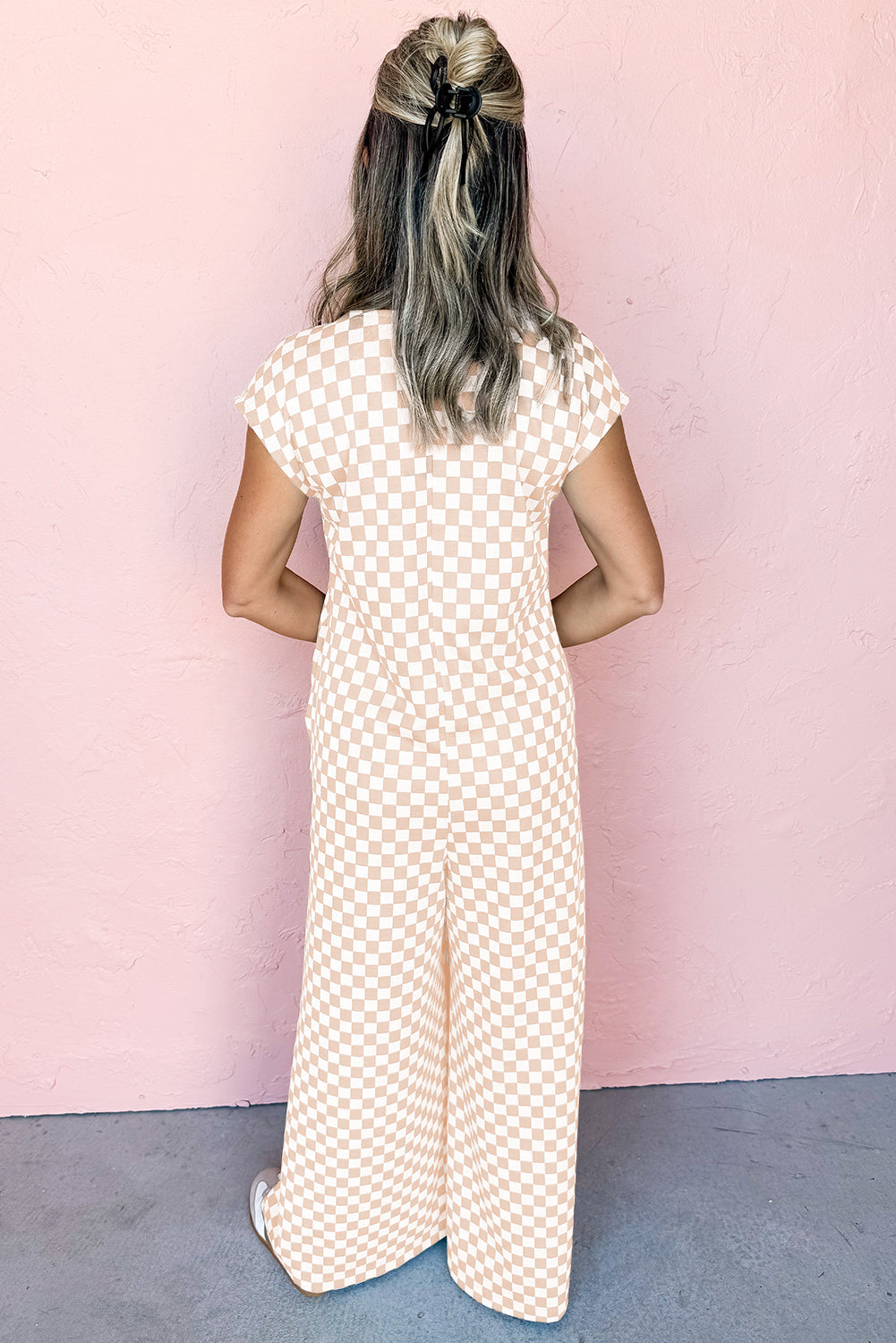 Checkered Buttoned Wide Leg Jumpsuit