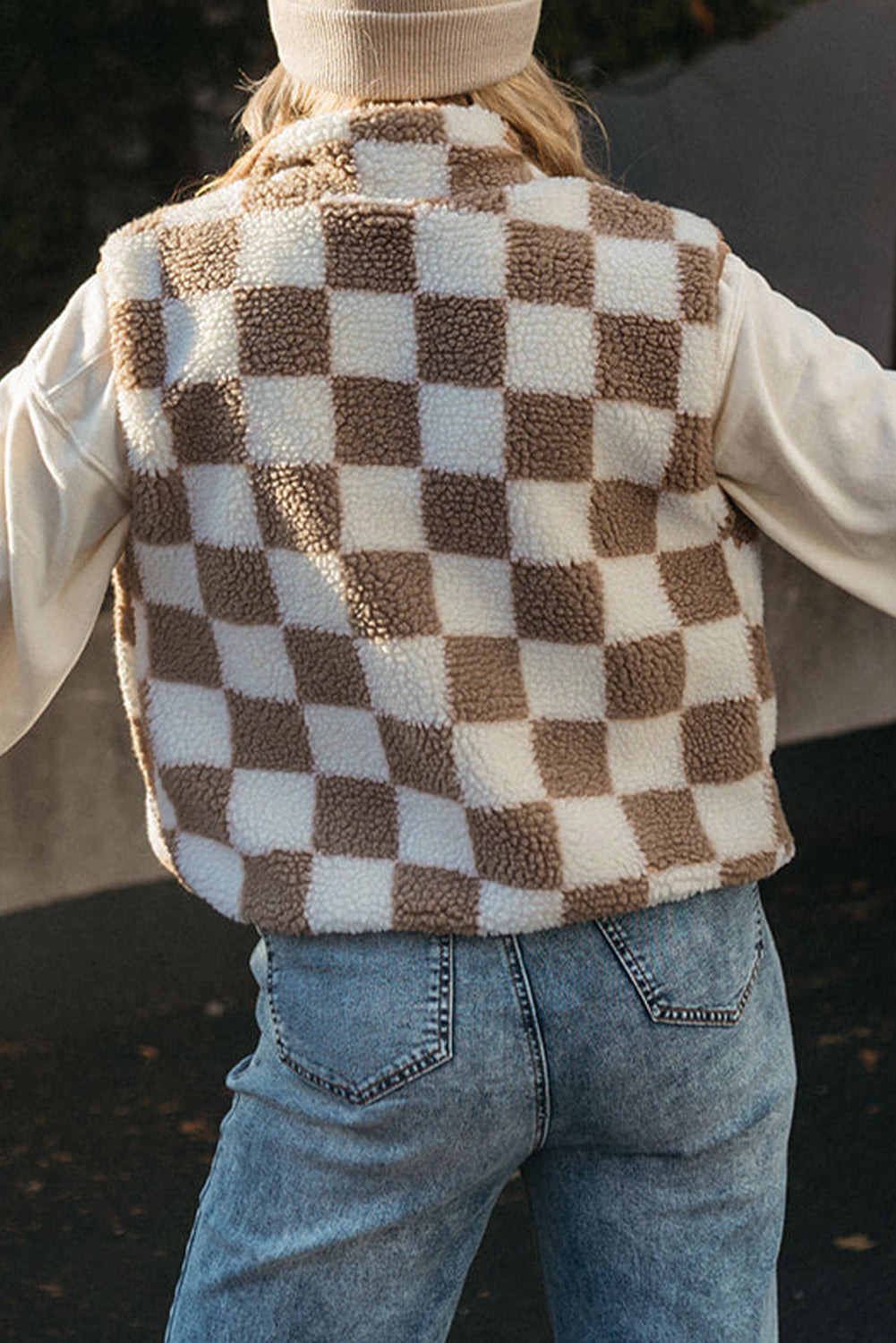 Checkered Sherpa Collared Jacket Vest