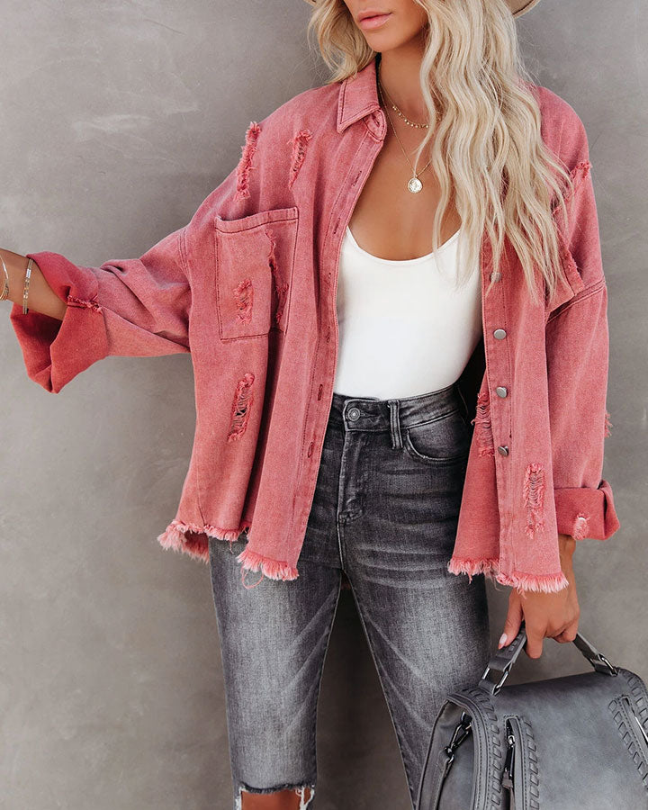 Solid Color Ripped Denim Jacket