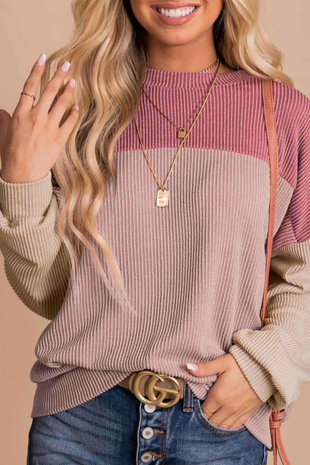 Color Block Long Sleeve Cording Top