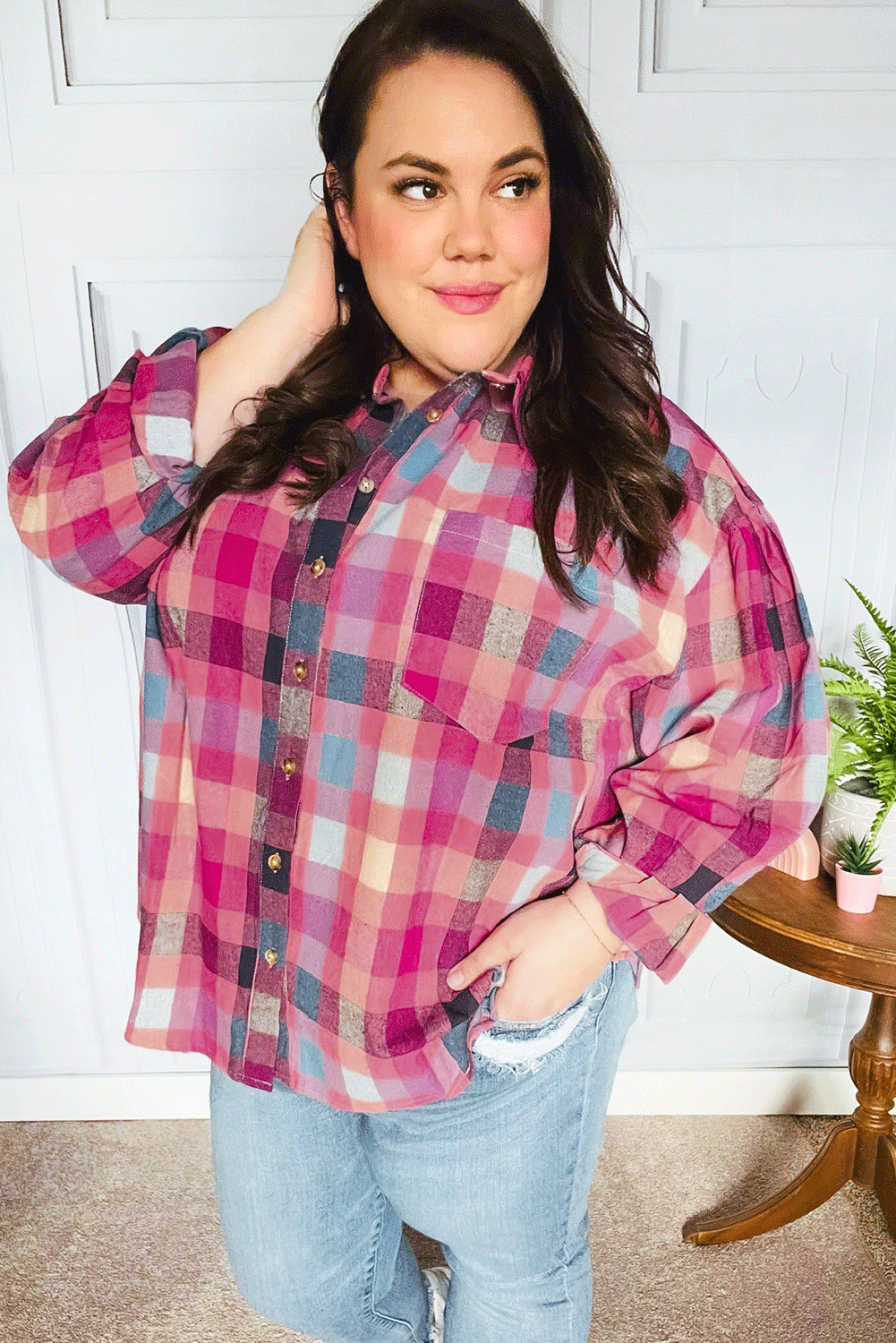 Plus Size Checkered Print Button up Shirt