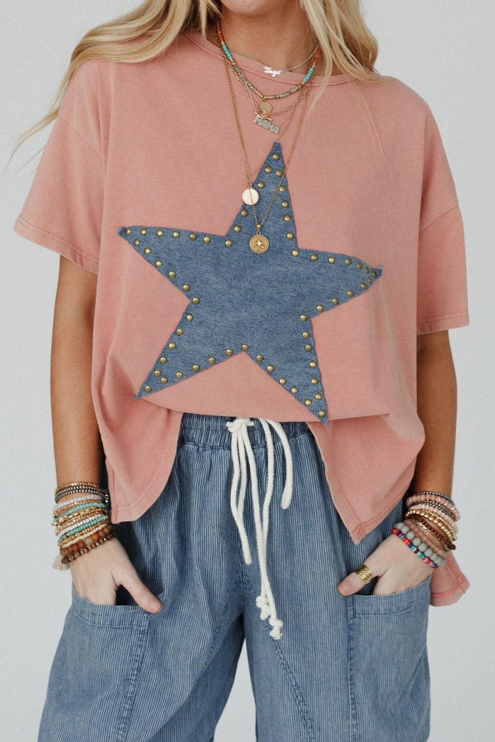 Mineral Wash Studded Star Patch Tee