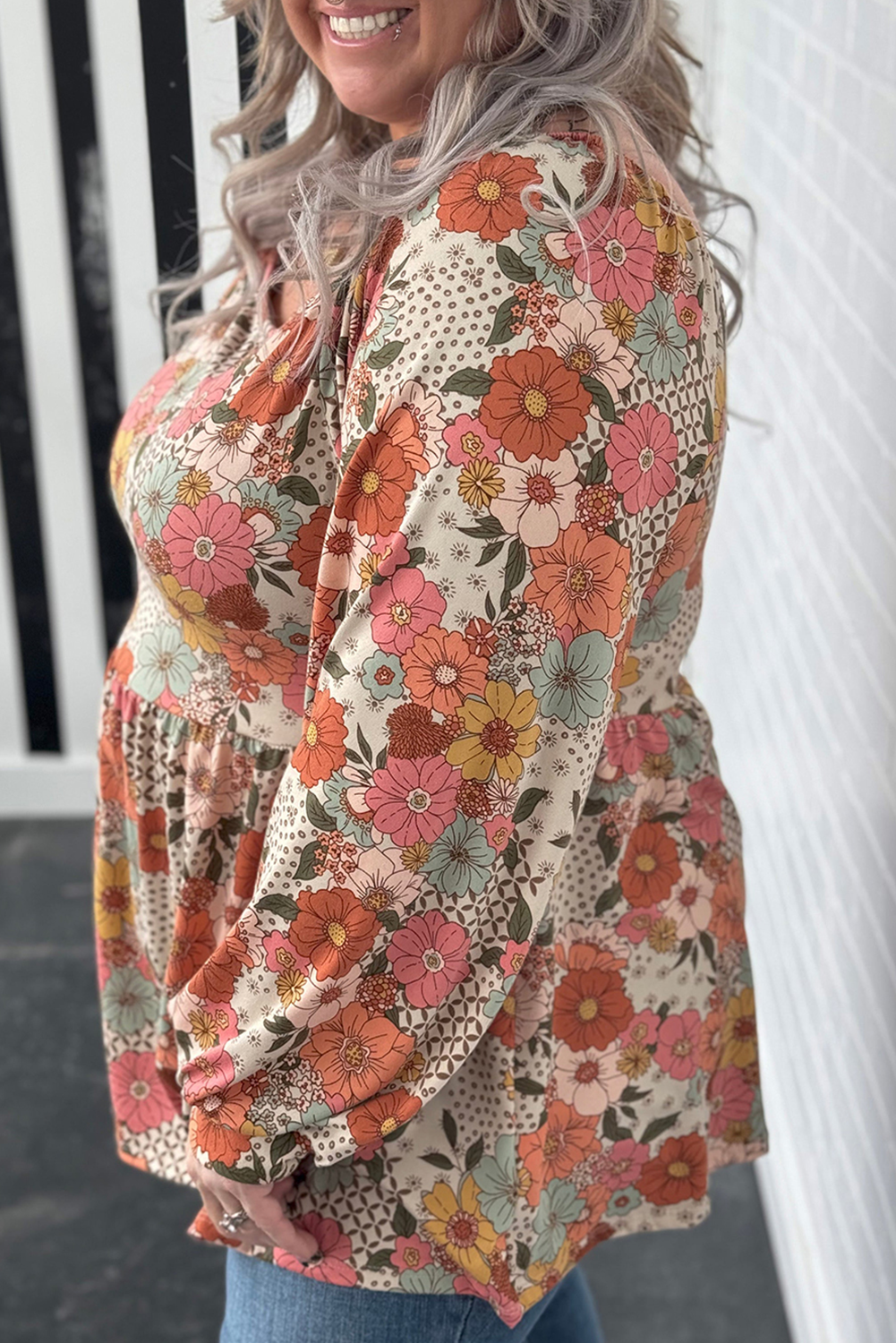 Plus Size Flower Square Neck Blouse