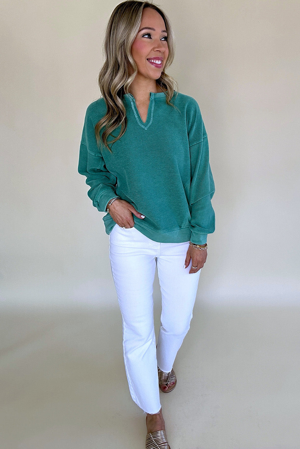 Solid Notched Neck Sweatshirt