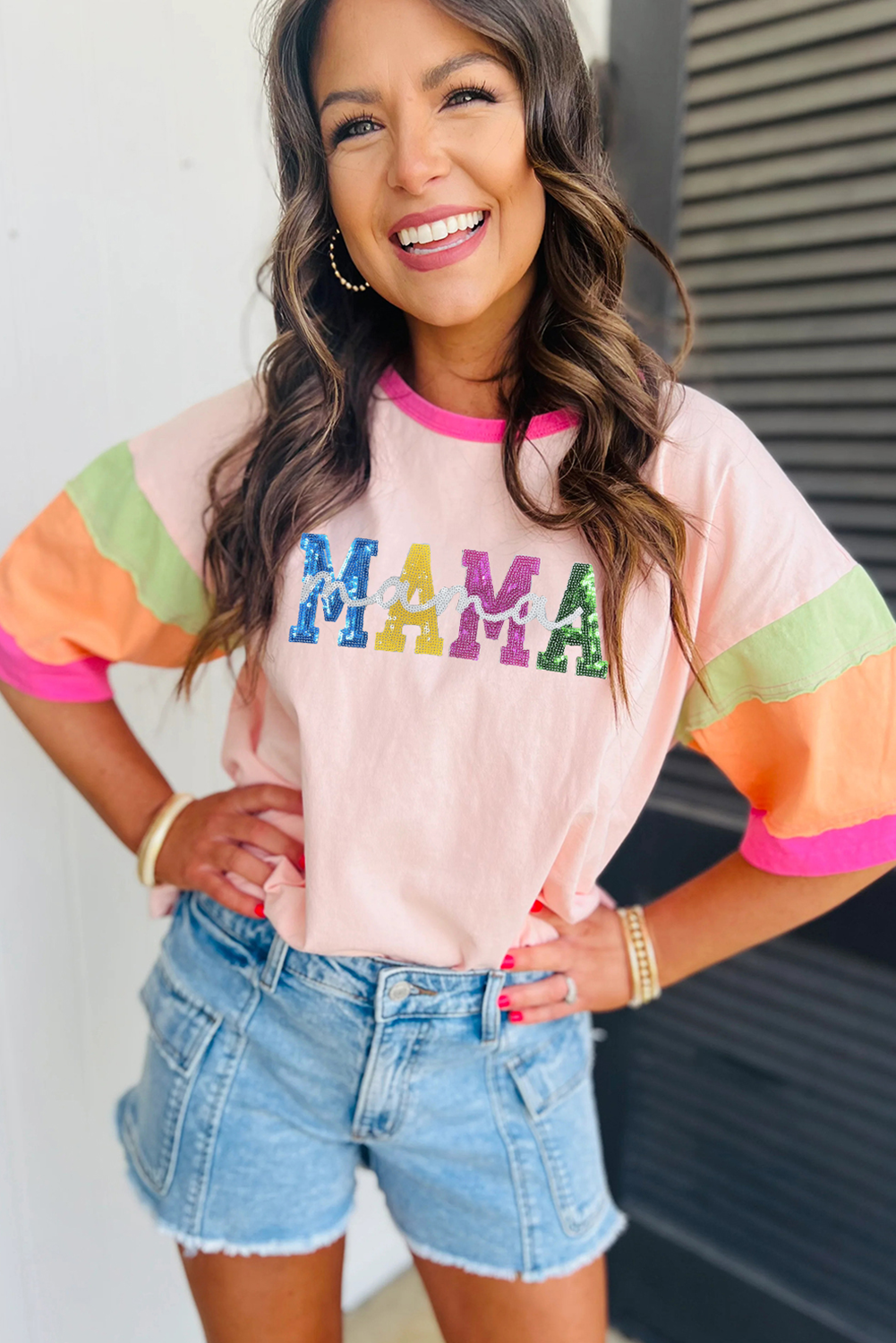 Sequin MAMA Patchwork Sleeve Tee