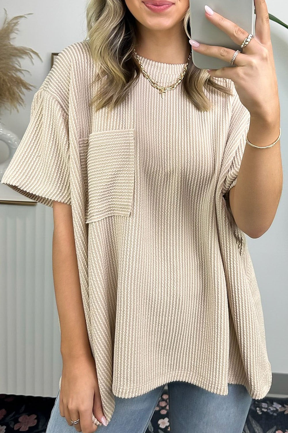 Corded Knit Pocketed Loose Fit T Shirt