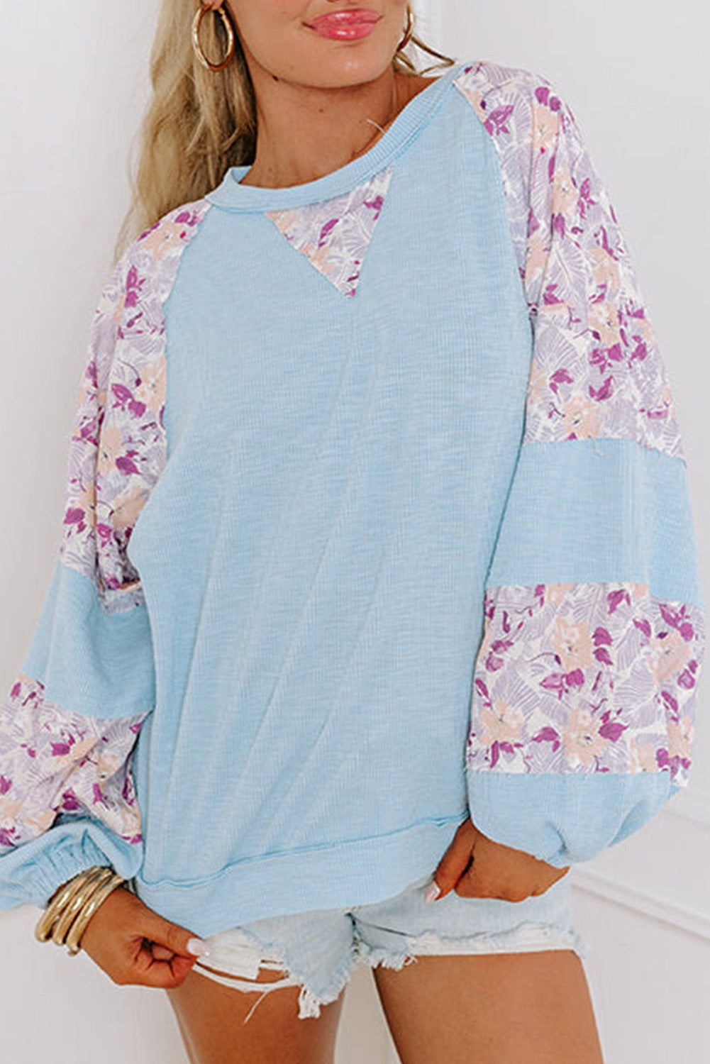 Textured Floral Patchwork Balloon Sleeve Blouse