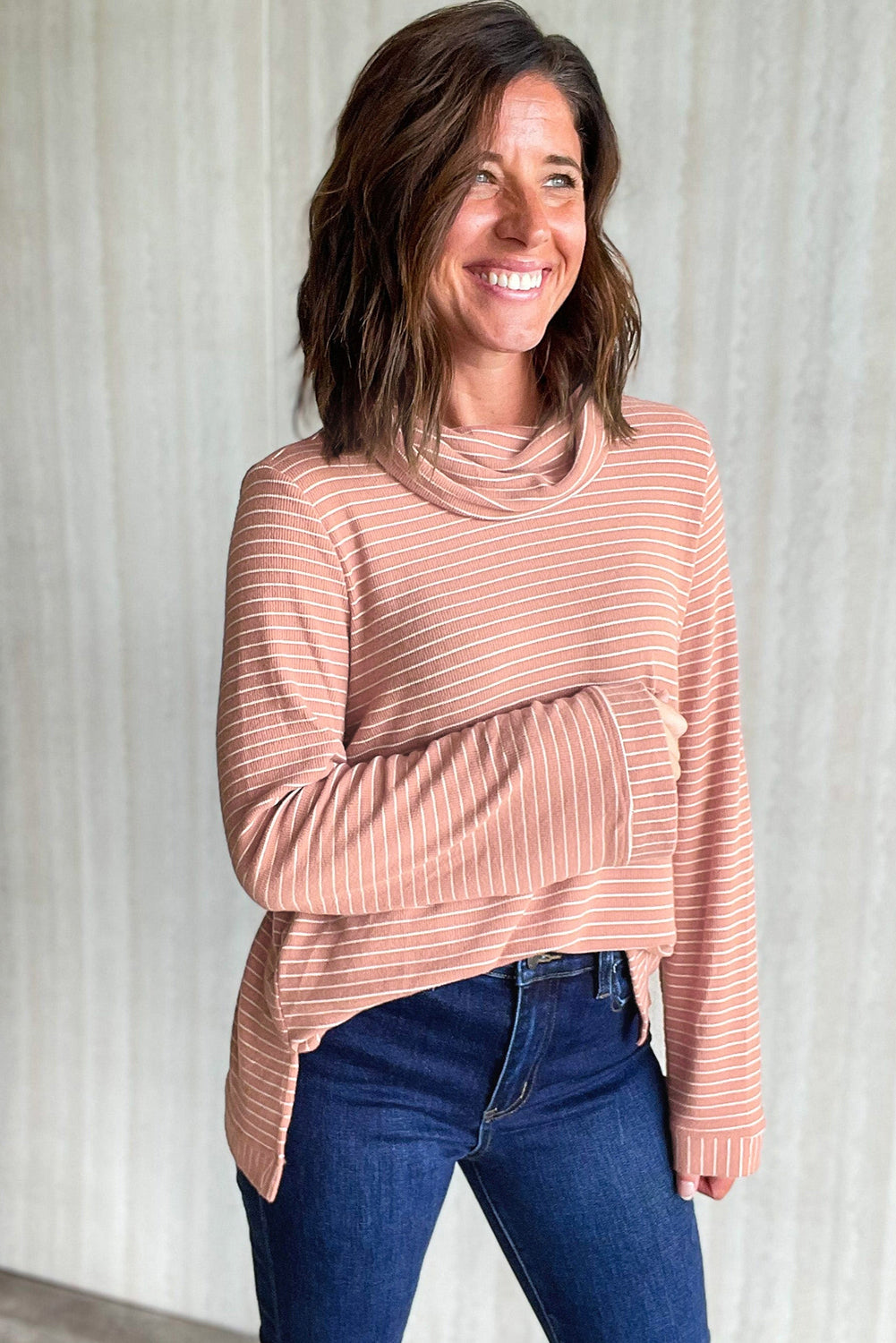 Stripe Cowl Neck Side Slits Top