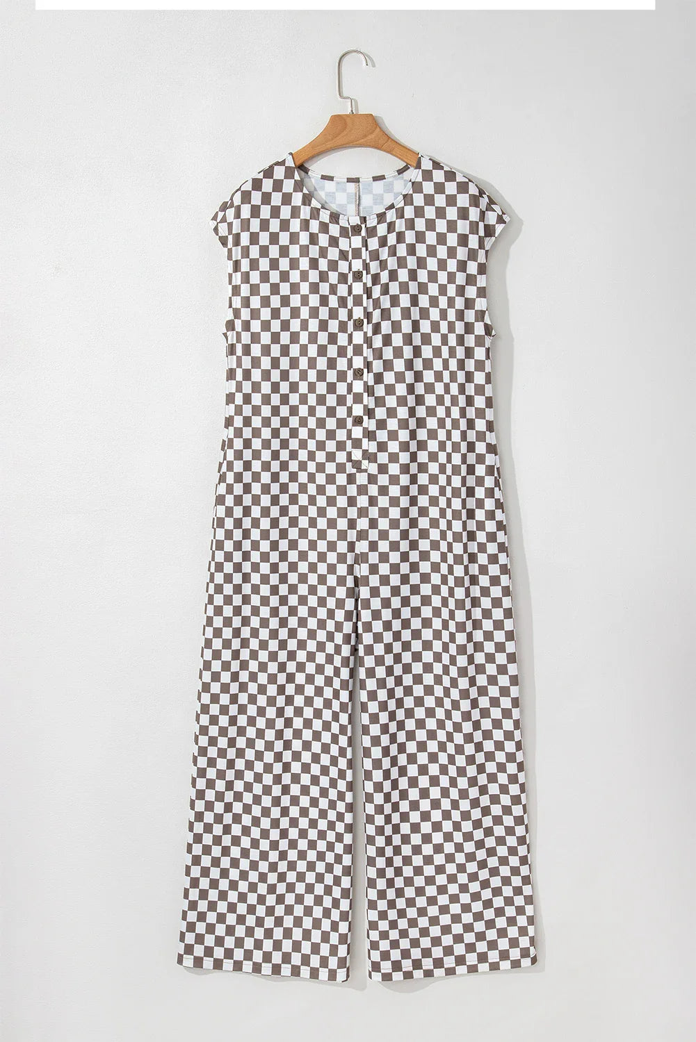 Checkered Buttoned Wide Leg Jumpsuit