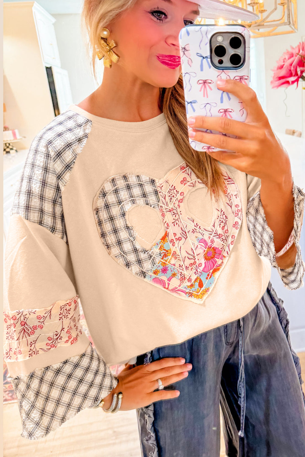 Floral Peace Heart Graphic Wide Sleeve Top