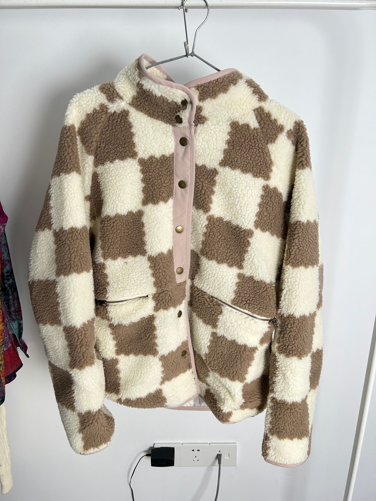 Checked Snap Button Sherpa Jacket