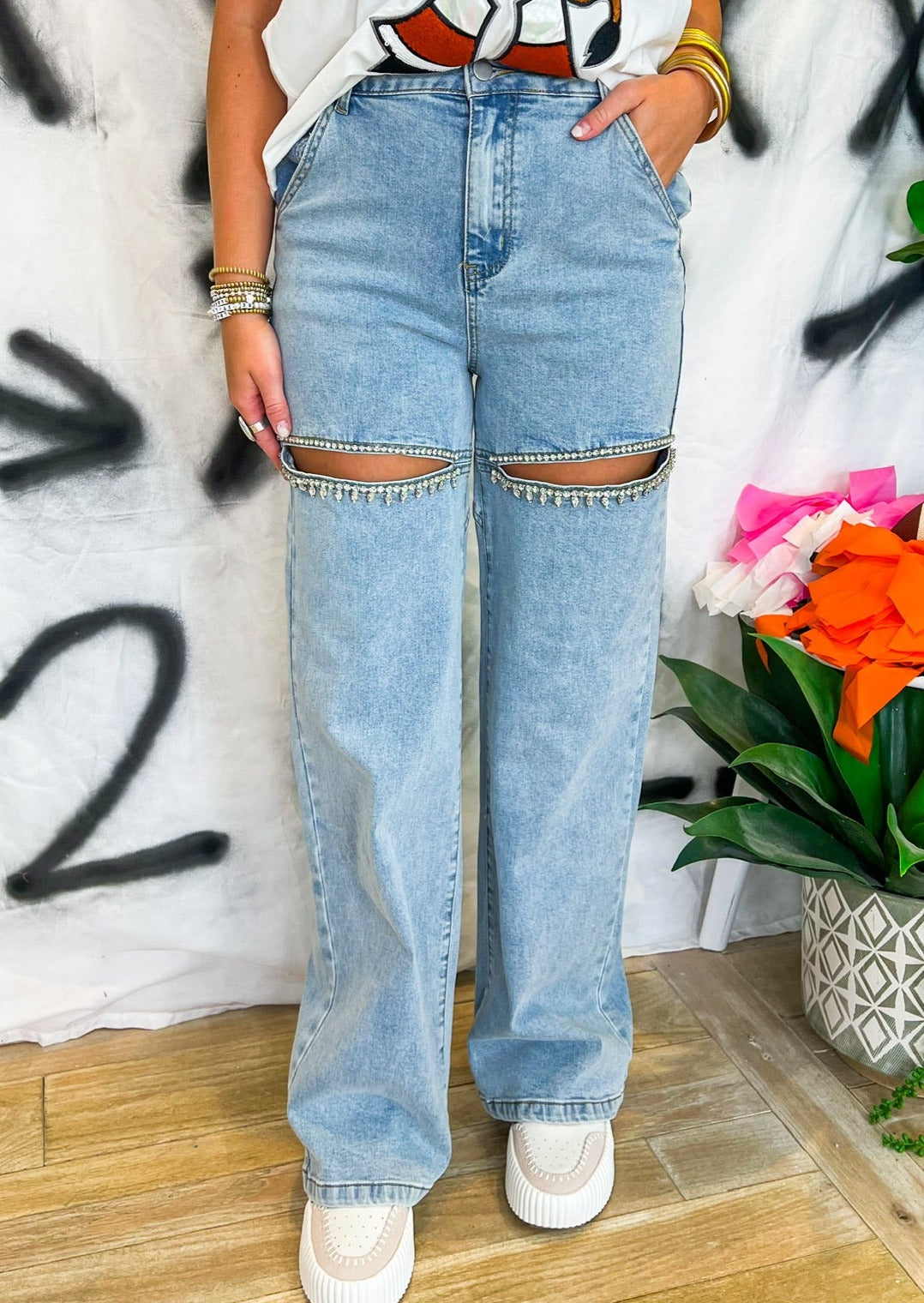 Slit-Front Wide Leg Rhinestone Jeans