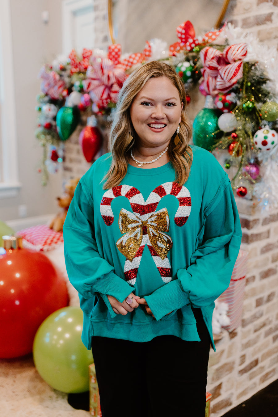 Sequined Candy Cane Terrycloth Sweatshirt