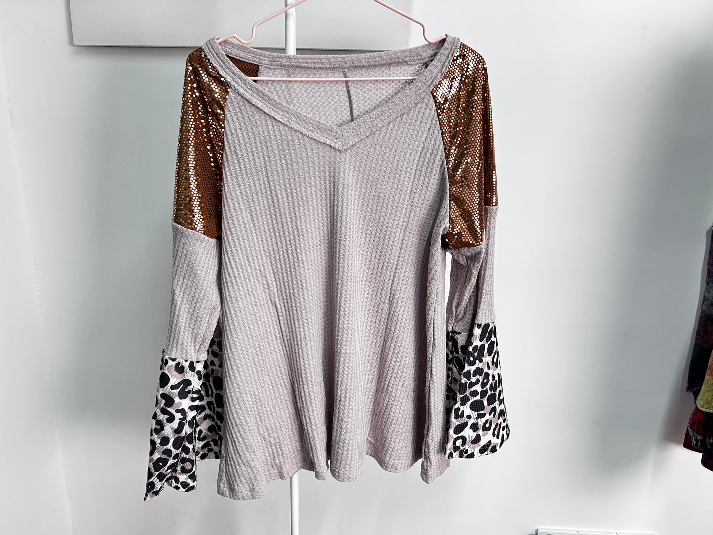 Leopard Sequin Patchwork Bell Sleeve Tunic Top