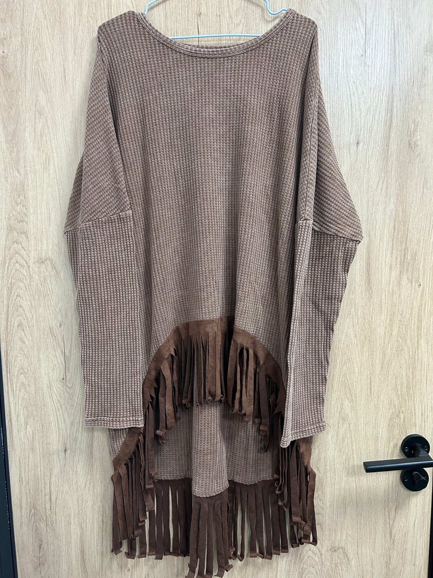 Waffle Knit Fringed High Low Loose Top