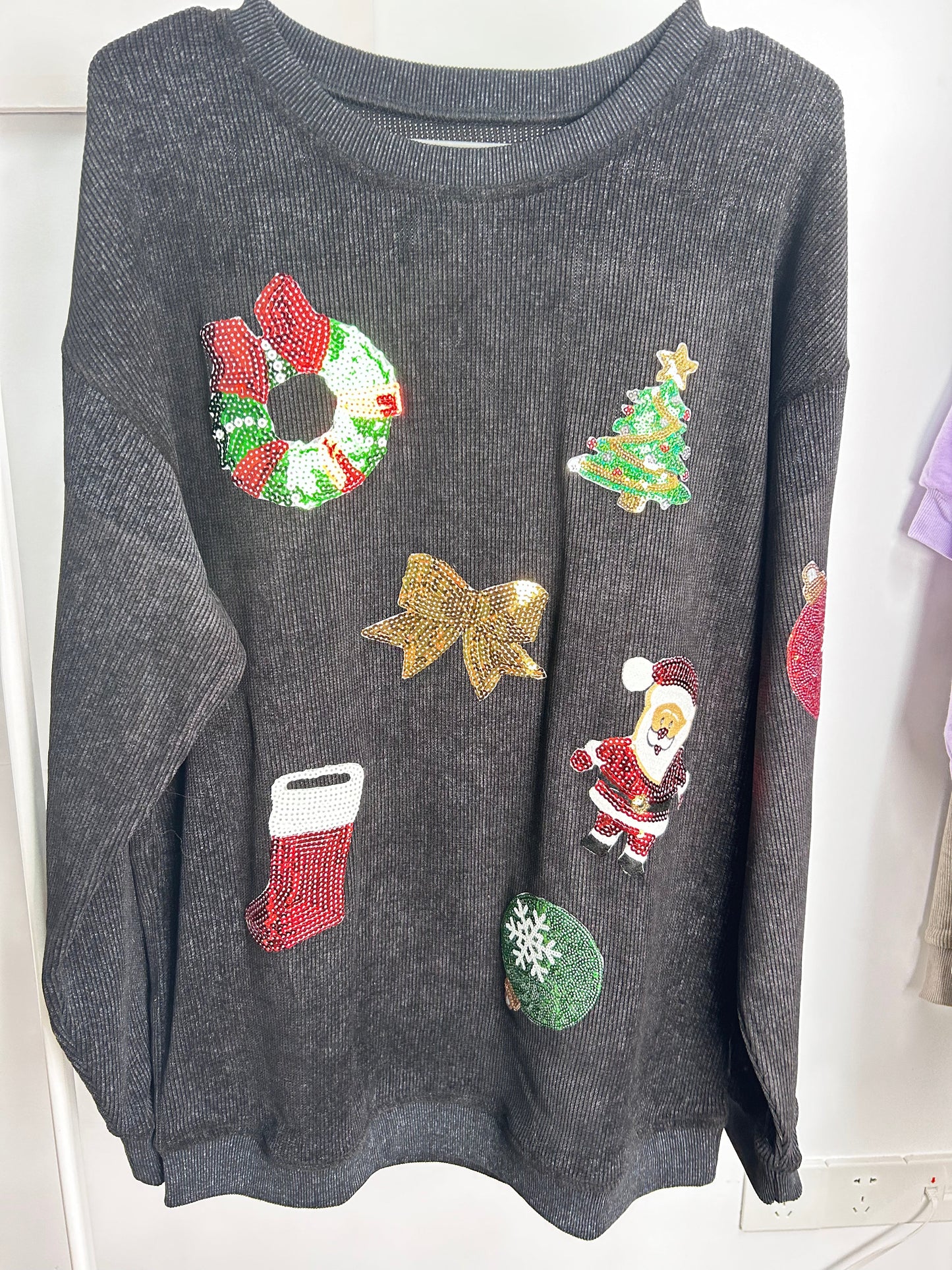 Sequined Santa Claus Corded Sweatshirt