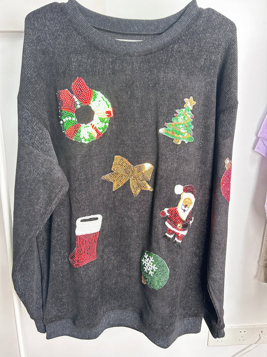 Sequined Santa Claus Corded Sweatshirt