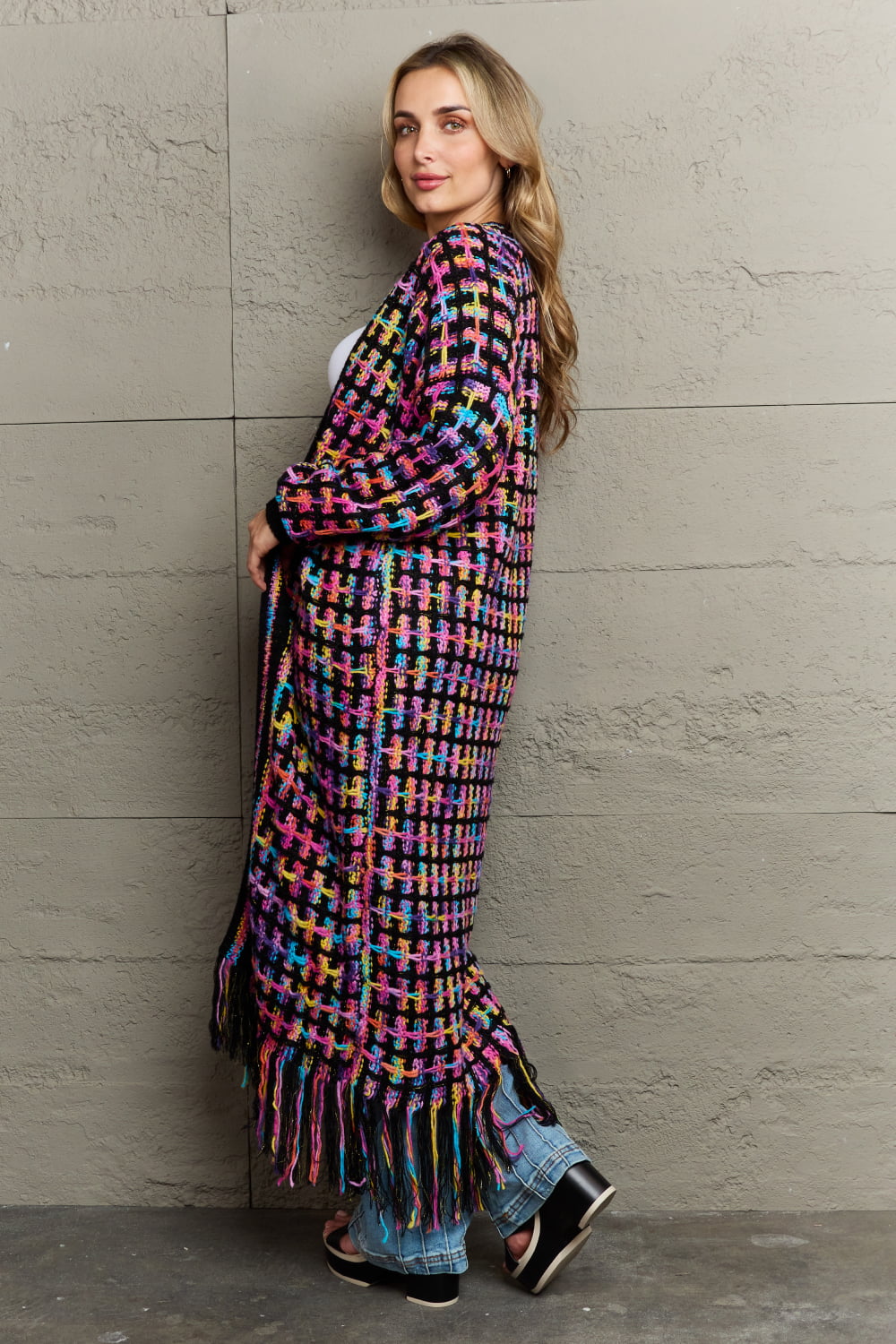 Maxi Cardigan in Multi Colors with Fringe Hem