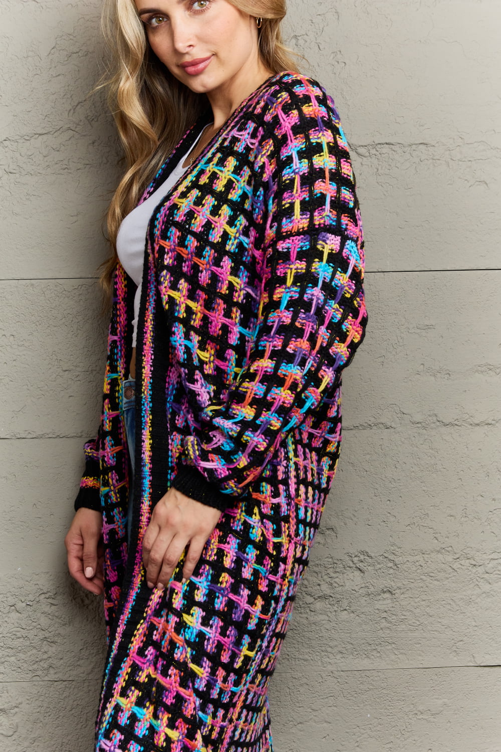 Maxi Cardigan in Multi Colors with Fringe Hem