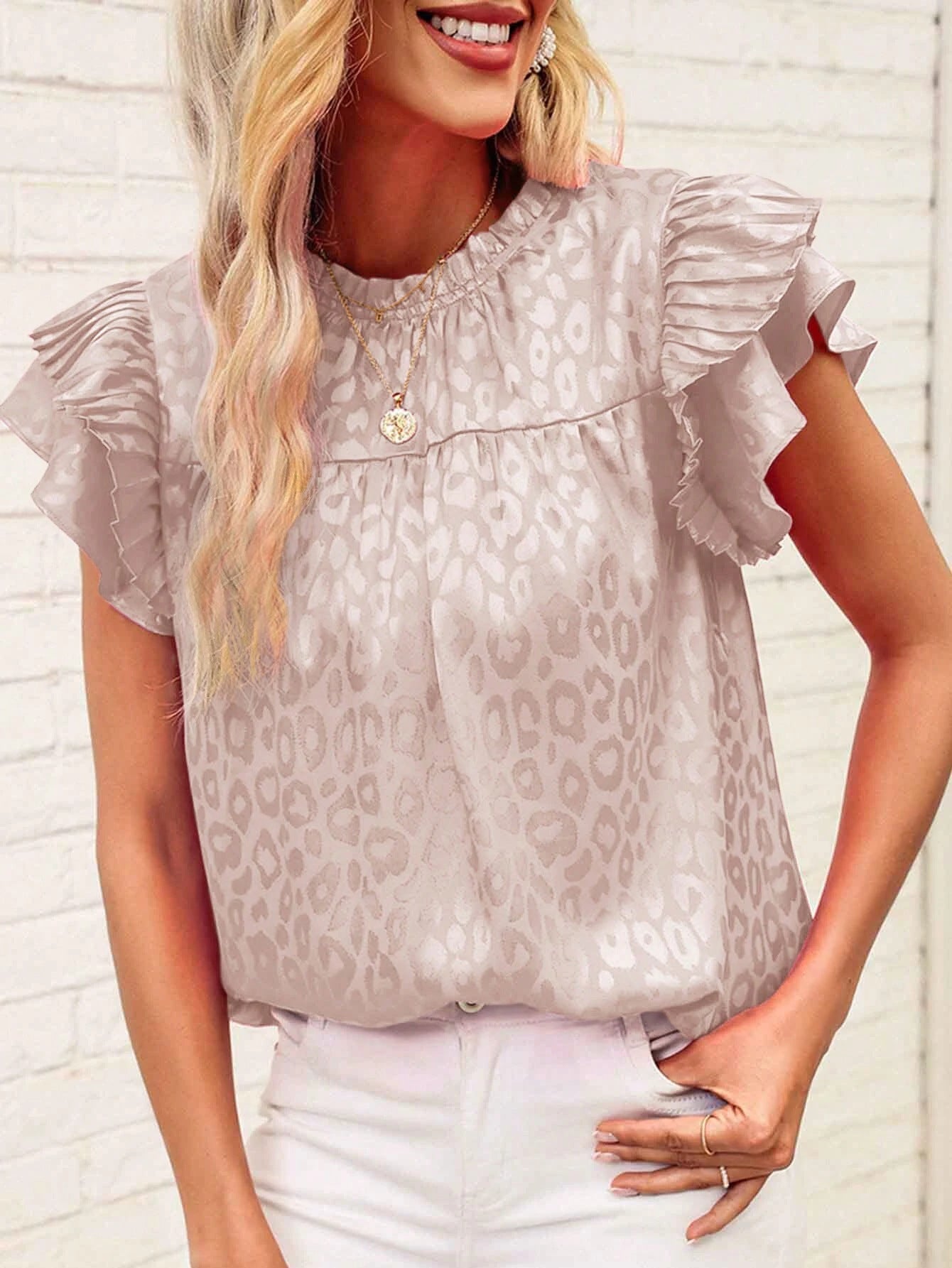 Leopard Pleated Tiered Ruffled Sleeve Blouse