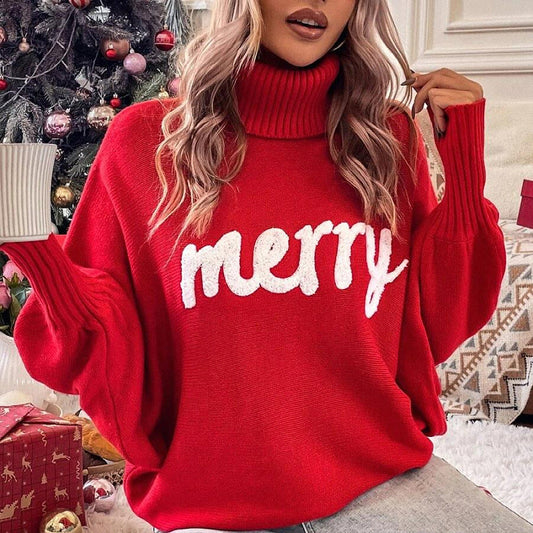 Turtle Neck Batwing Sleeve Merry Christmas Sweater