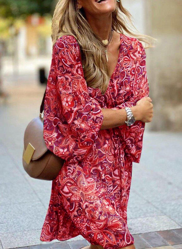 Printed V-neck Mini Dress